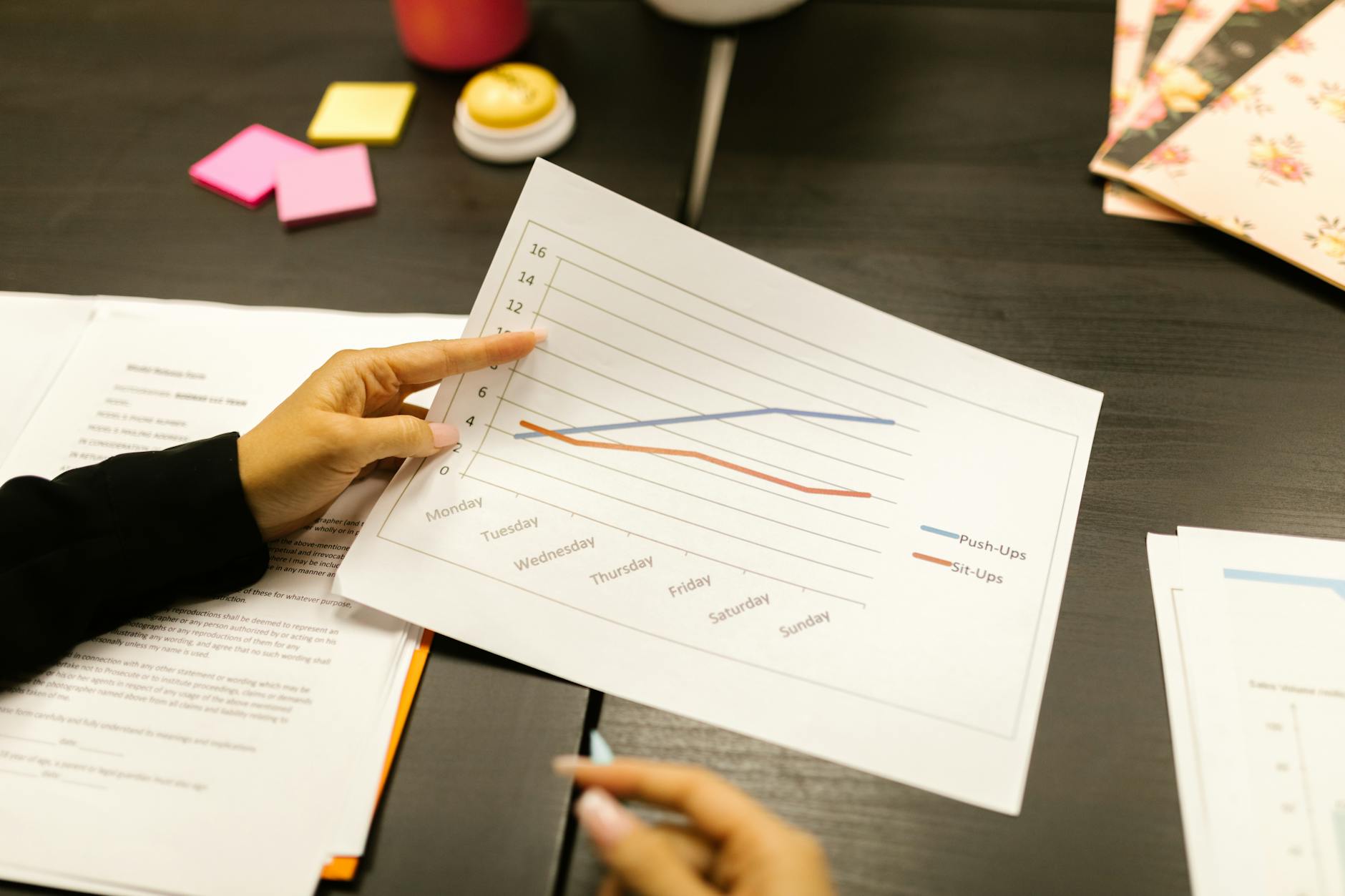 Close-up of hands analyzing a graph during an office meeting.